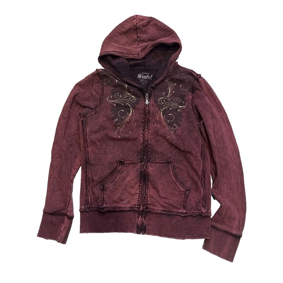 Vintage Y2K Sinful Hoodie Xl Women's Maroon Wings Feathers Gold Metallic - Picture 1 of 10